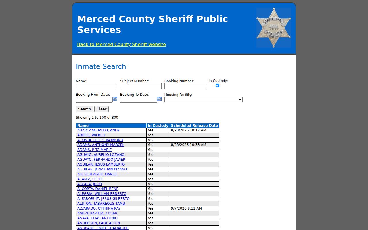 Merced people search using county inmate inquiry filters