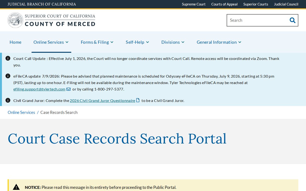 Merced court records search access limits