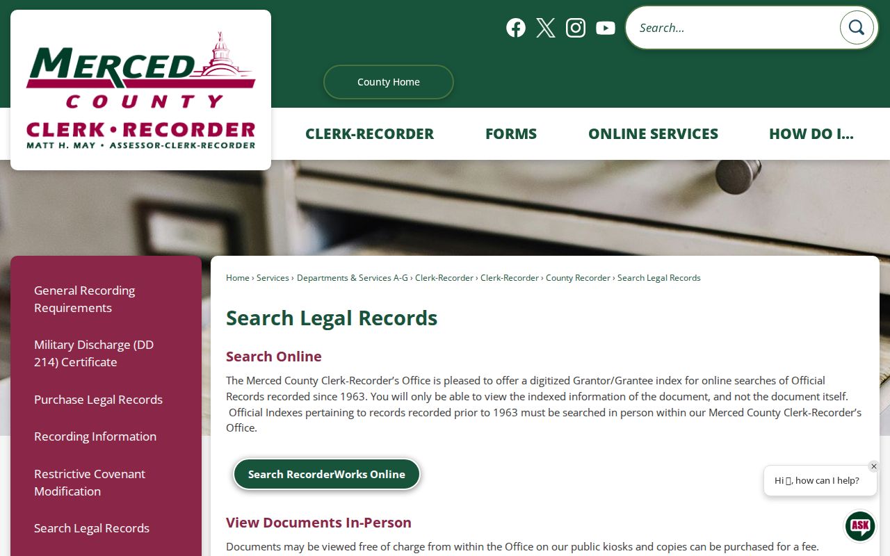 Merced public records page for legal record searches