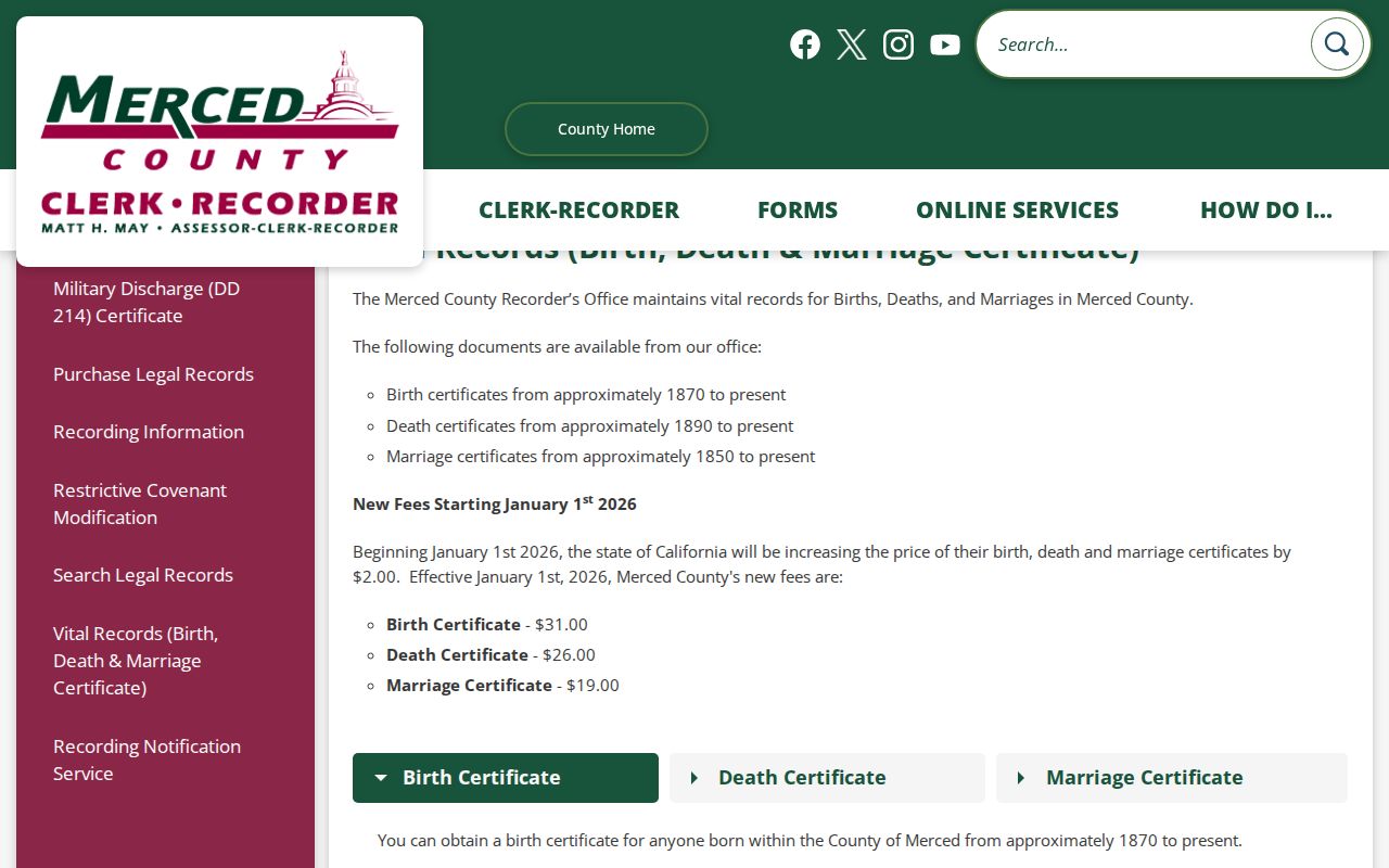 Merced public records page for birth death and marriage certificates